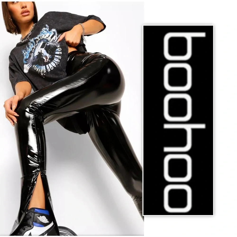 NWT Boohoo HIGH WAIST EXTRA LONG VINYL PVC SPLIT HEM PANTS - Picture 1 of 8